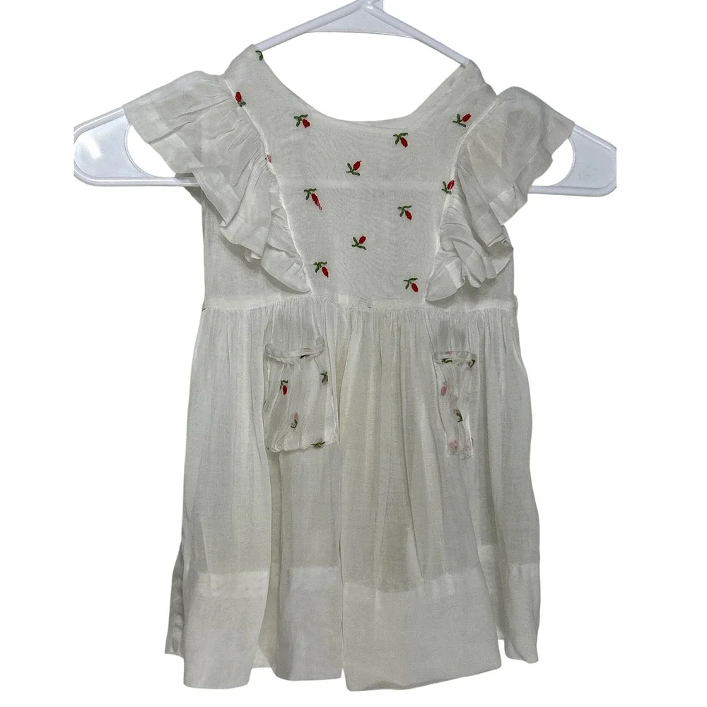 VTG Girls White Embroidered Floral Ruffle Flutter Sleeve Button Back Dress 9mo